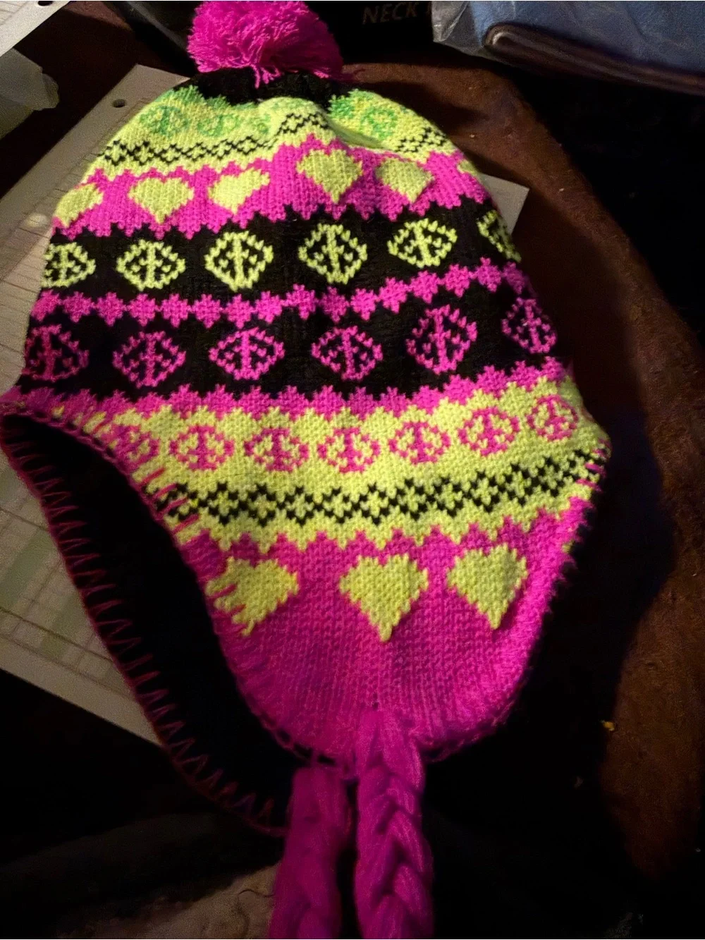 Womens Neon Pink & Lime Patterned Pom-Pom Earflap Hat